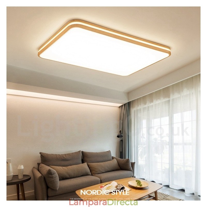 Lámpara de techo de madera rectangular regulable con lente, moderna, contemporánea, de estilo nórdico, empotrada, con pantalla acrílica y control remoto. También se puede usar como luz de pared.