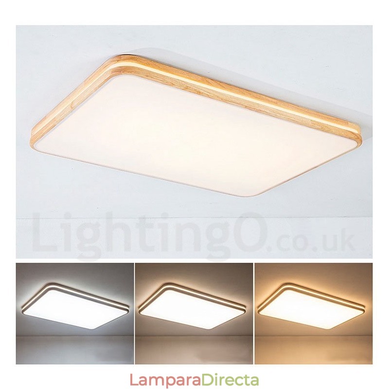 Lámpara de techo de madera rectangular regulable con lente, moderna, contemporánea, de estilo nórdico, empotrada, con pantalla acrílica y control remoto. También se puede usar como luz de pared.
