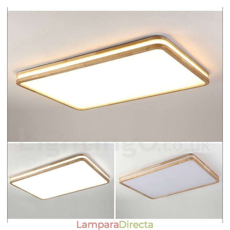 Lámpara de techo de madera rectangular regulable con lente, moderna, contemporánea, de estilo nórdico, empotrada, con pantalla acrílica y control remoto. También se puede usar como luz de pared.