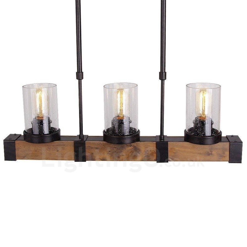 Lámpara de araña vintage de madera de 3 luces, estilo industrial, estilo loft, colgante lineal de madera.