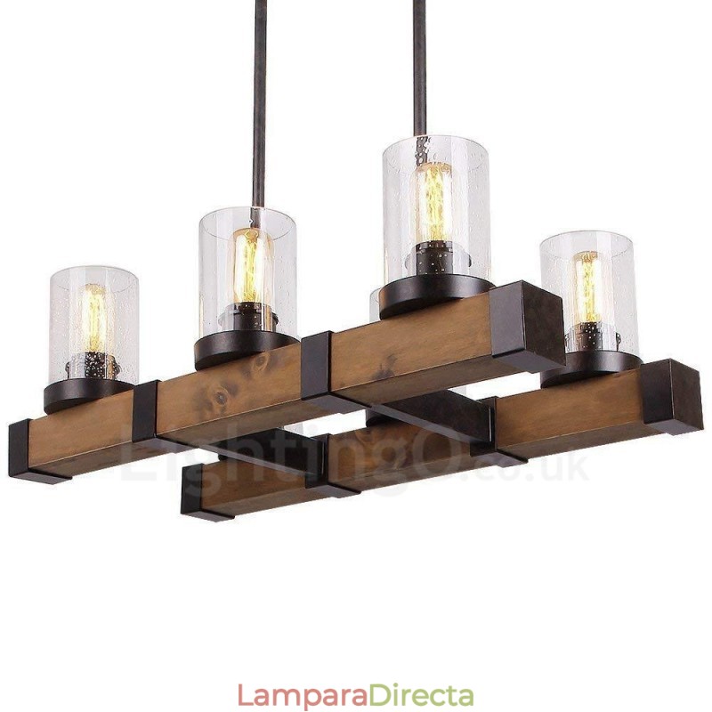 Lámpara de araña vintage de madera de 6 luces, estilo industrial, estilo loft, colgante lineal de madera.