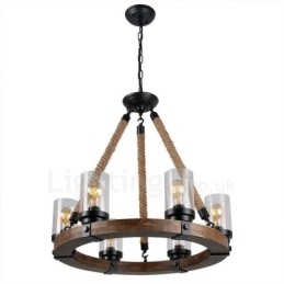 Lámpara de araña de madera vintage con 6 anillos de luz, estilo industrial, estilo loft, colgante lineal de madera.