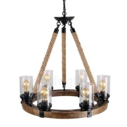 Lámpara de araña de madera vintage con 6 anillos de luz, estilo industrial, estilo loft, colgante lineal de madera.