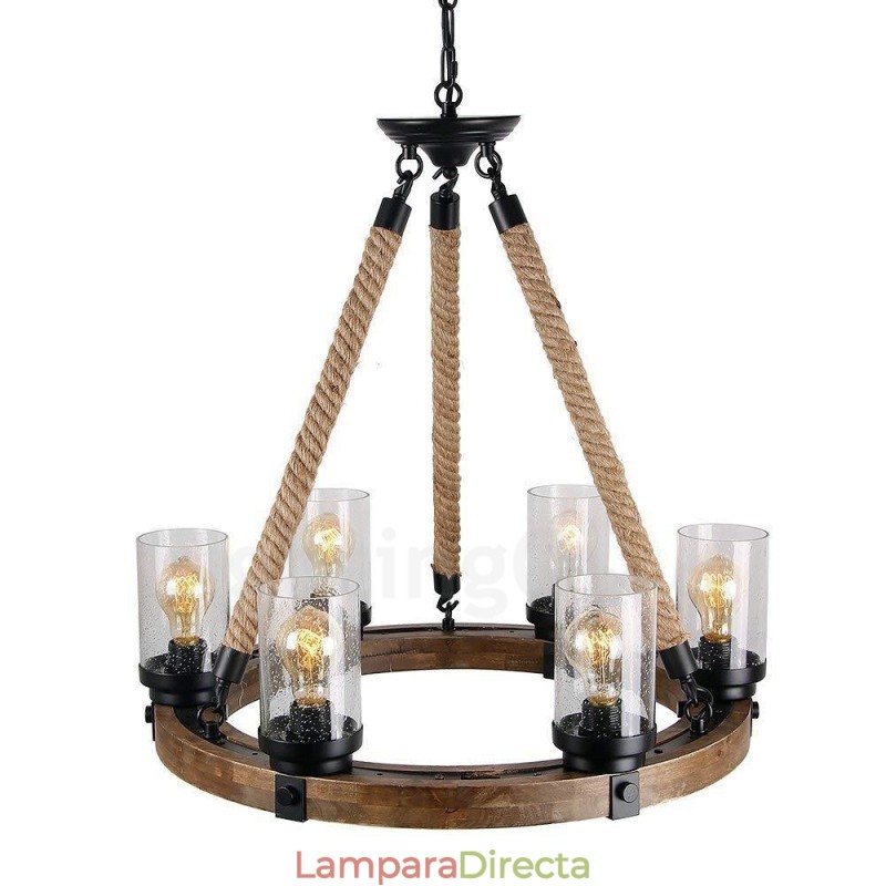 Lámpara de araña de madera vintage con 6 anillos de luz, estilo industrial, estilo loft, colgante lineal de madera.