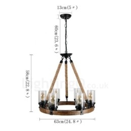 Lámpara de araña de madera vintage con 6 anillos de luz, estilo industrial, estilo loft, colgante lineal de madera.