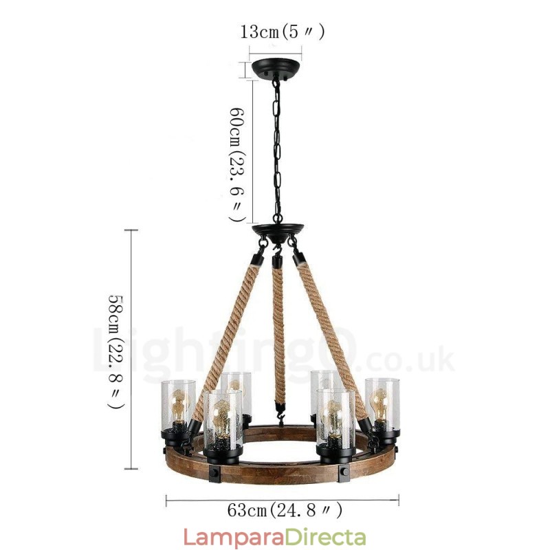 Lámpara de araña de madera vintage con 6 anillos de luz, estilo industrial, estilo loft, colgante lineal de madera.
