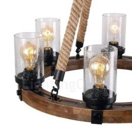 Lámpara de araña de madera vintage con 6 anillos de luz, estilo industrial, estilo loft, colgante lineal de madera.
