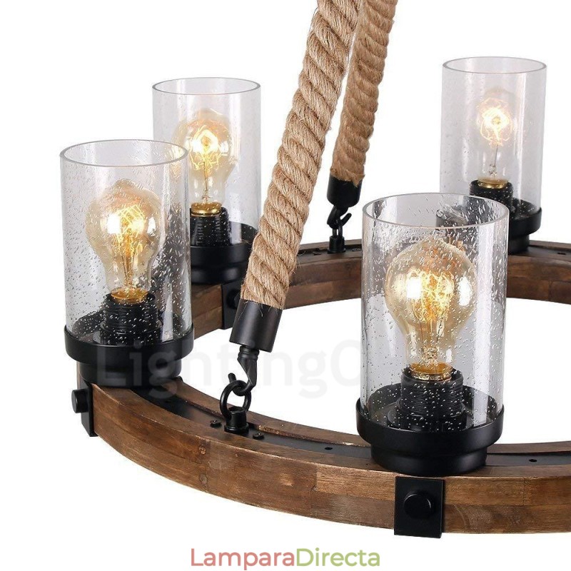 Lámpara de araña de madera vintage con 6 anillos de luz, estilo industrial, estilo loft, colgante lineal de madera.