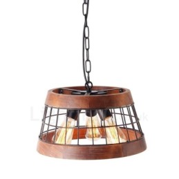 Lámpara de araña de madera vintage con 3 anillos de luz, estilo industrial, estilo loft, colgante lineal de madera.