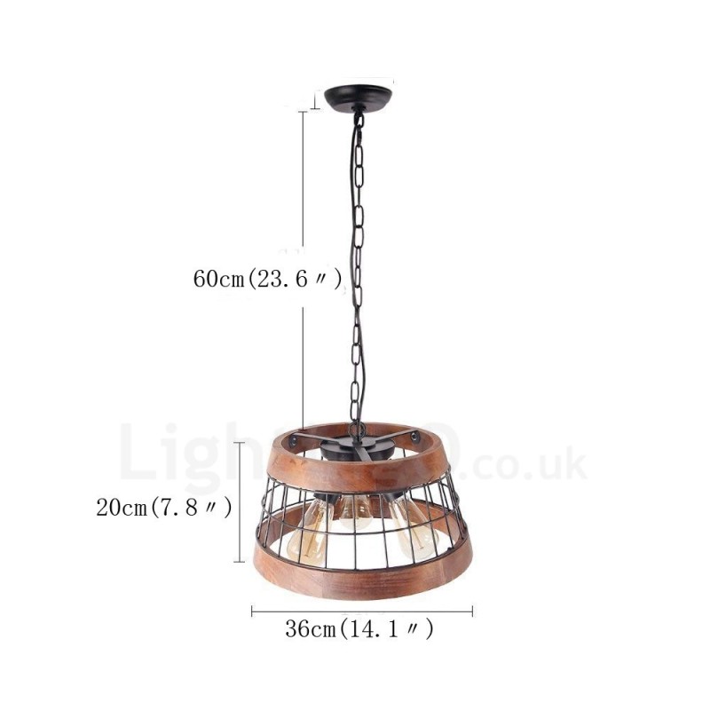 Lámpara de araña de madera vintage con 3 anillos de luz, estilo industrial, estilo loft, colgante lineal de madera.