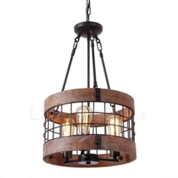 Lámpara colgante de madera vintage de 3 luces con forma de tambor, estilo industrial, estilo loft, de madera, estilo lineal.