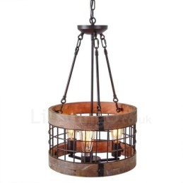 Lámpara colgante de madera vintage de 3 luces con forma de tambor, estilo industrial, estilo loft, de madera, estilo lineal.