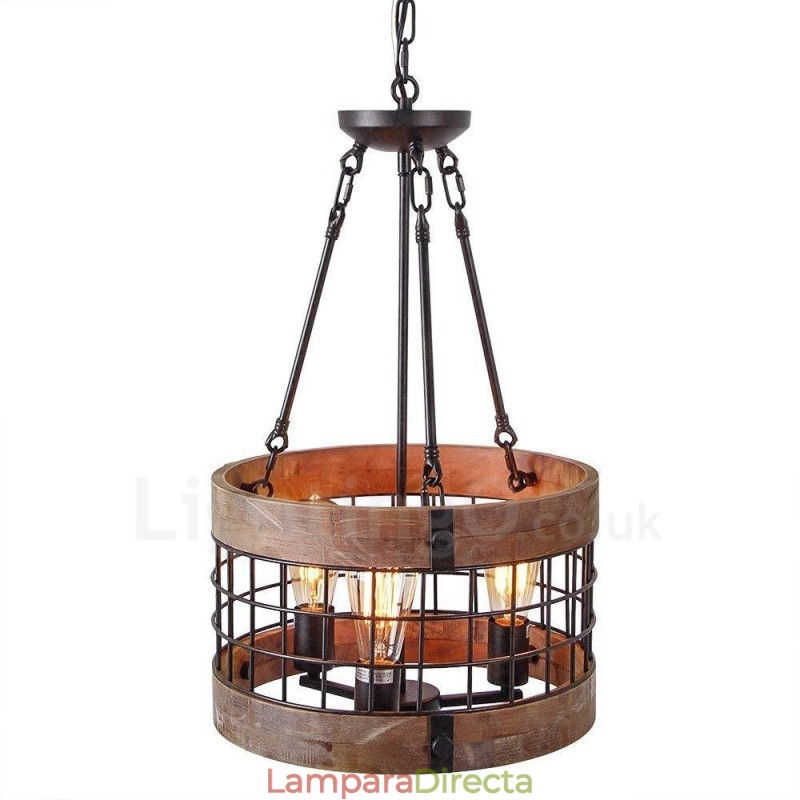 Lámpara colgante de madera vintage de 3 luces con forma de tambor, estilo industrial, estilo loft, de madera, estilo lineal.