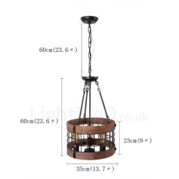 Lámpara colgante de madera vintage de 3 luces con forma de tambor, estilo industrial, estilo loft, de madera, estilo lineal.