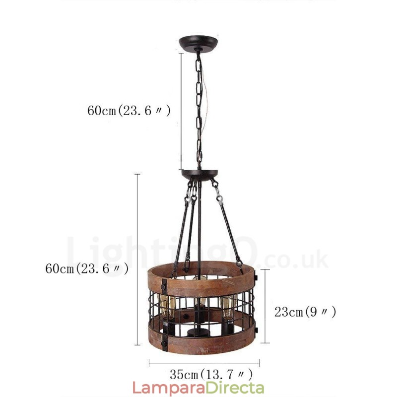 Lámpara colgante de madera vintage de 3 luces con forma de tambor, estilo industrial, estilo loft, de madera, estilo lineal.