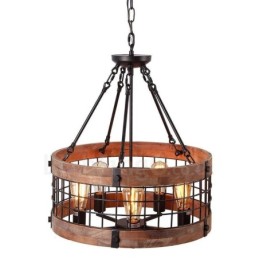 Lámpara colgante de madera vintage con 5 luces, estilo industrial, estilo loft, de madera, con forma de tambor.