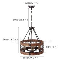 Lámpara colgante de madera vintage con 5 luces, estilo industrial, estilo loft, de madera, con forma de tambor.