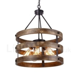 Lámpara colgante de madera vintage con 5 luces, estilo industrial, estilo loft, de madera, con forma de tambor.