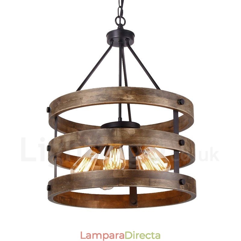 Lámpara colgante de madera vintage con 5 luces, estilo industrial, estilo loft, de madera, con forma de tambor.