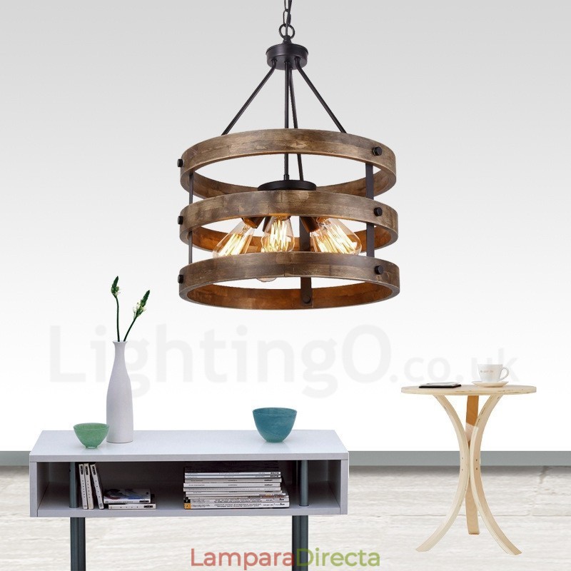 Lámpara colgante de madera vintage con 5 luces, estilo industrial, estilo loft, de madera, con forma de tambor.