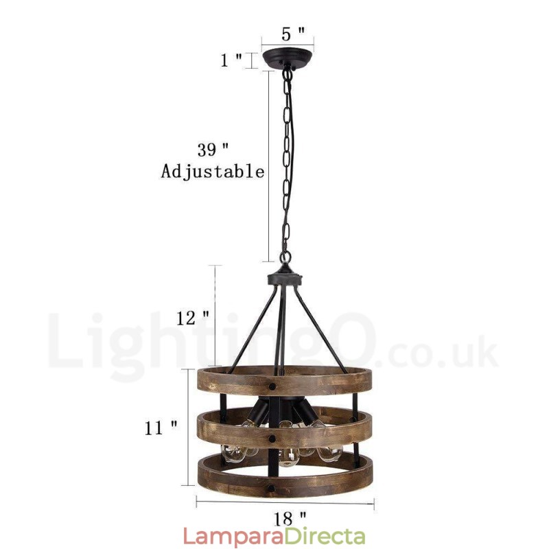 Lámpara colgante de madera vintage con 5 luces, estilo industrial, estilo loft, de madera, con forma de tambor.