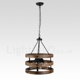 Lámpara colgante de madera vintage con 5 luces, estilo industrial, estilo loft, de madera, con forma de tambor.