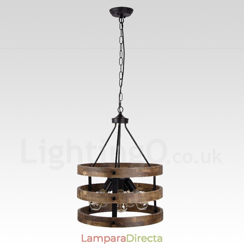Lámpara colgante de madera vintage con 5 luces, estilo industrial, estilo loft, de madera, con forma de tambor.
