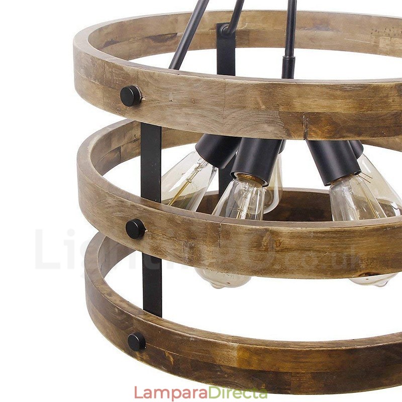 Lámpara colgante de madera vintage con 5 luces, estilo industrial, estilo loft, de madera, con forma de tambor.