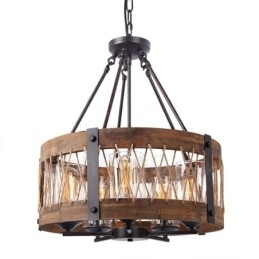 Lámpara colgante de madera vintage con 5 luces, estilo industrial, estilo loft, de madera, con forma de tambor.