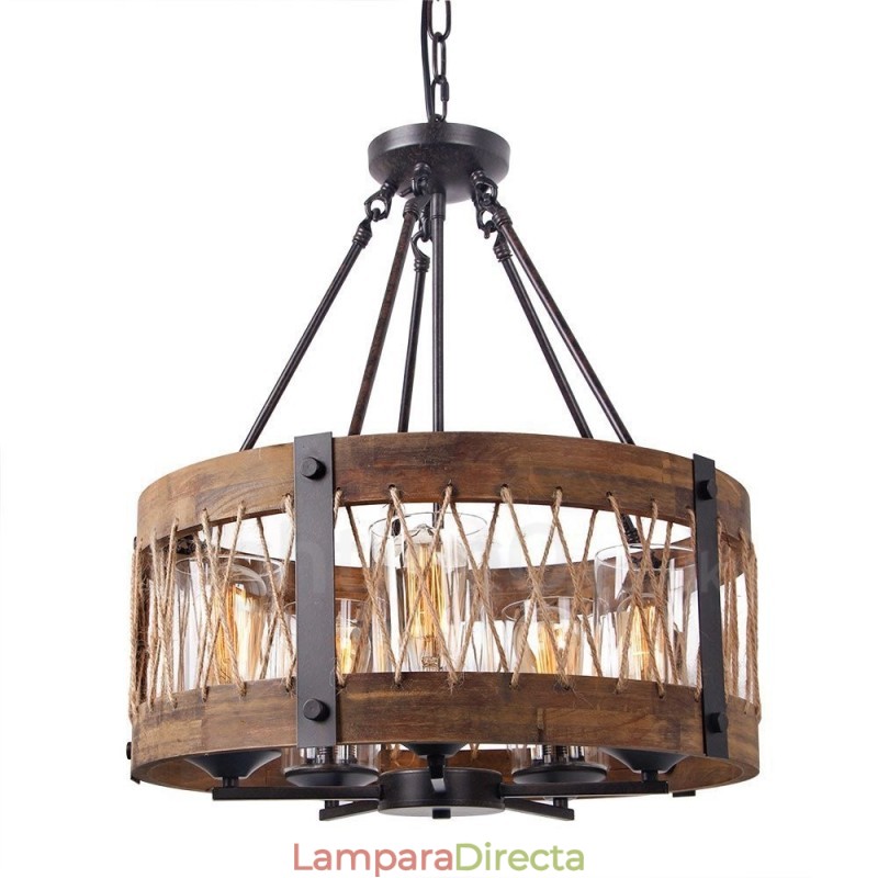 Lámpara colgante de madera vintage con 5 luces, estilo industrial, estilo loft, de madera, con forma de tambor.