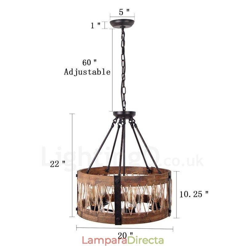 Lámpara colgante de madera vintage con 5 luces, estilo industrial, estilo loft, de madera, con forma de tambor.