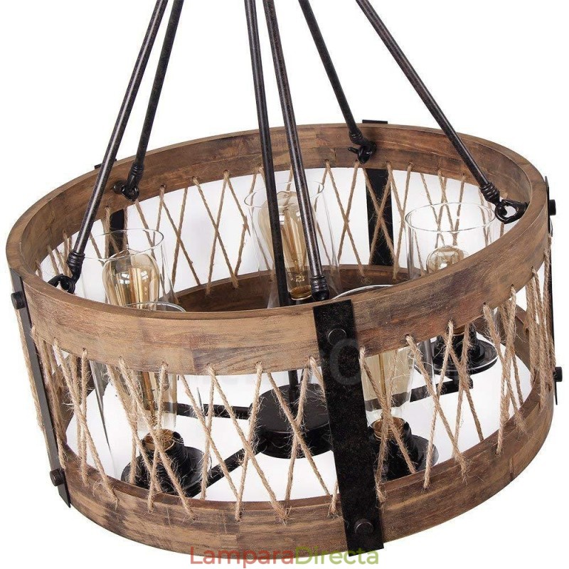 Lámpara colgante de madera vintage con 5 luces, estilo industrial, estilo loft, de madera, con forma de tambor.