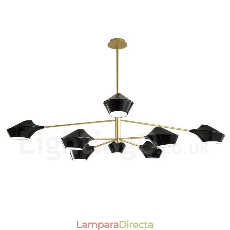 Lámpara de araña retro lineal multicolor de dos niveles y 8 luces con pantallas acrílicas para exteriores y garajes.