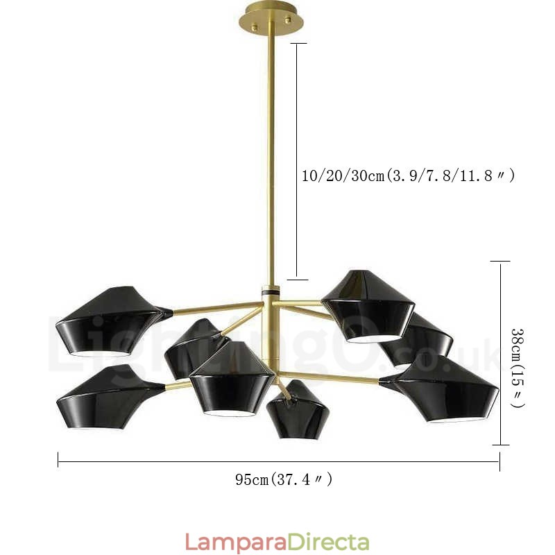 Lámpara de araña retro lineal multicolor de dos niveles y 8 luces con pantallas acrílicas para exteriores y garajes.