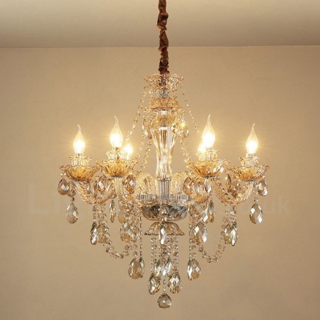 Elegante candelabro de cristal color coñac de 6 luces Elegante candelabro de cristal color coñac de 6 luces
