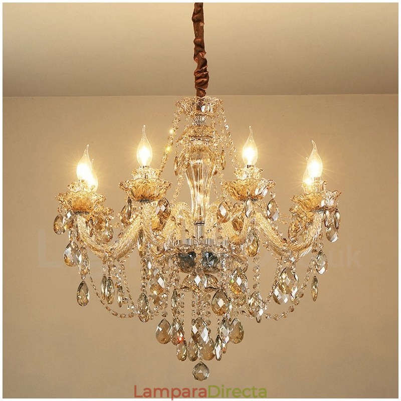 Lámpara de araña de cristal elegante de 8 luces en color coñac