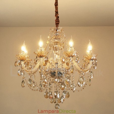 Lámpara de araña de cristal elegante de 8 luces en color coñac Lámpara de araña de cristal elegante de 8 luces en color coñac