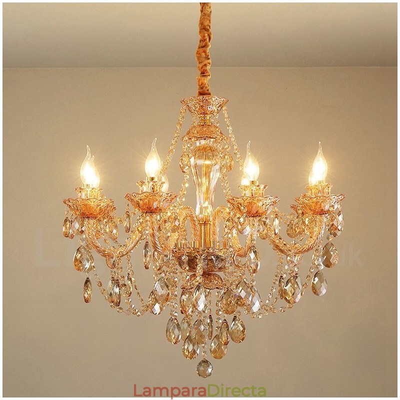 Lámpara de araña elegante de cristal con 8 luces de color ámbar y dorado