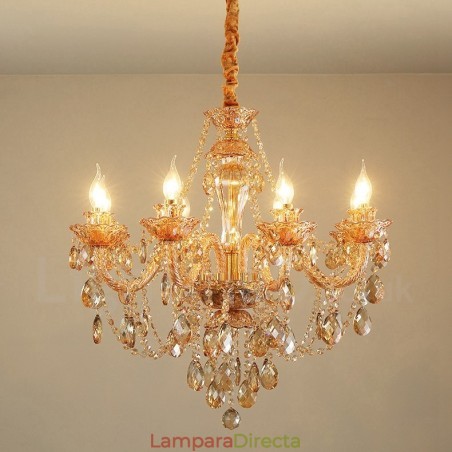 Lámpara de araña elegante de cristal con 8 luces de color ámbar y dorado Lámpara de araña elegante de cristal con 8 luces de color ámbar y dorado
