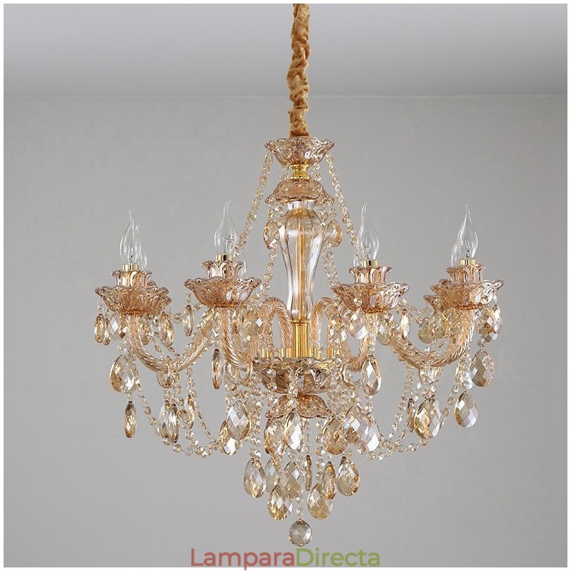 Lámpara de araña elegante de cristal con 8 luces de color ámbar y dorado