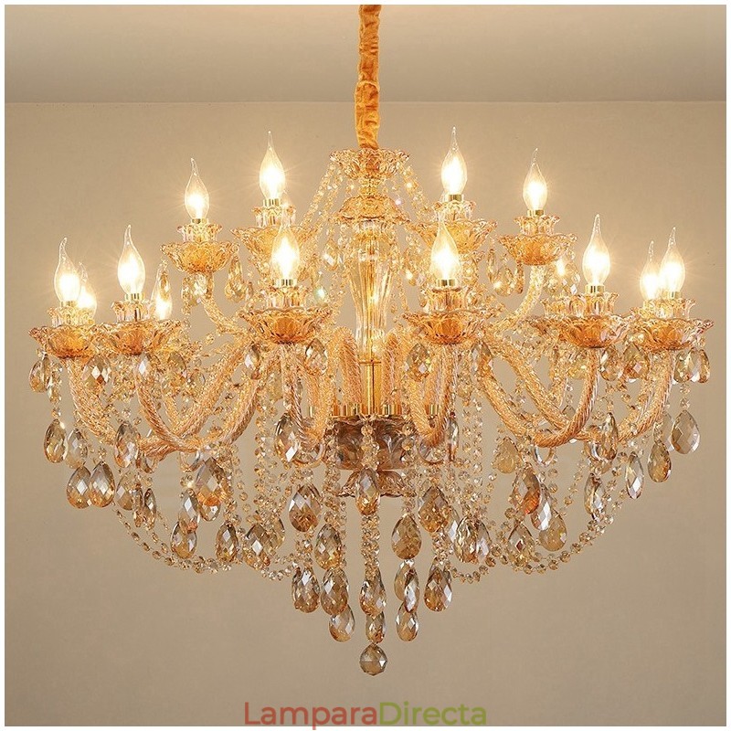 Candelabro de cristal elegante de 18 (12+6) luces ámbar doradas