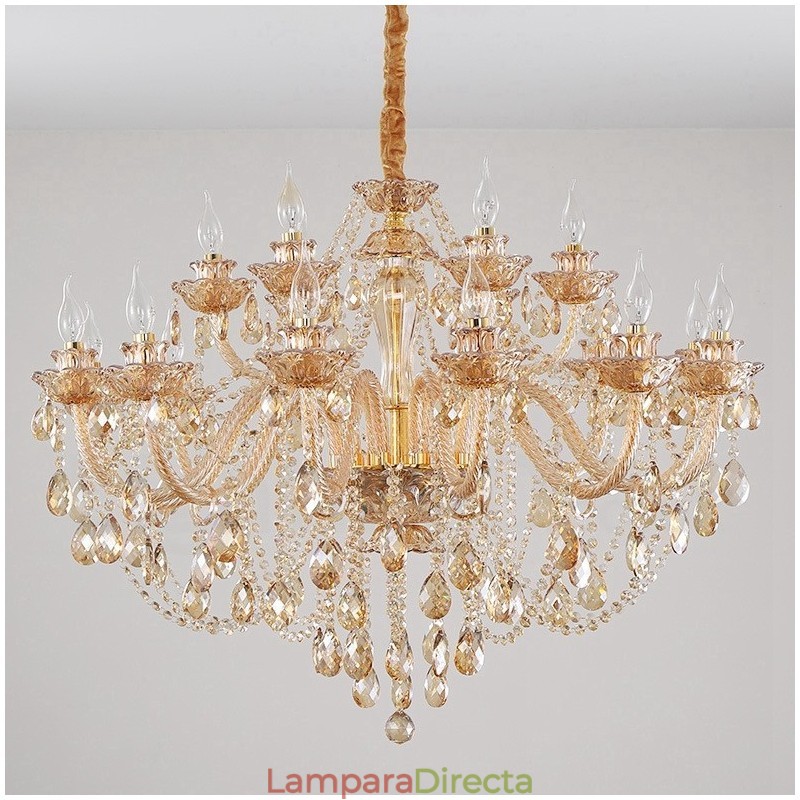 Candelabro de cristal elegante de 18 (12+6) luces ámbar doradas