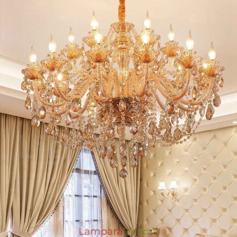 Candelabro de cristal elegante de 18 (12+6) luces ámbar doradas