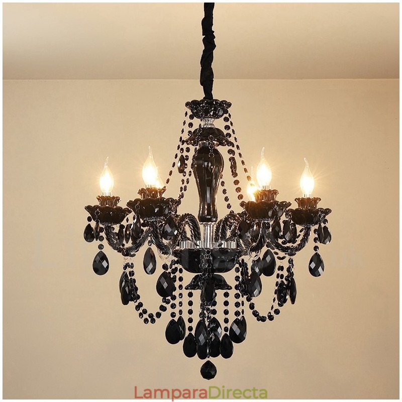 Lámpara de araña elegante de cristal negro de 6 luces