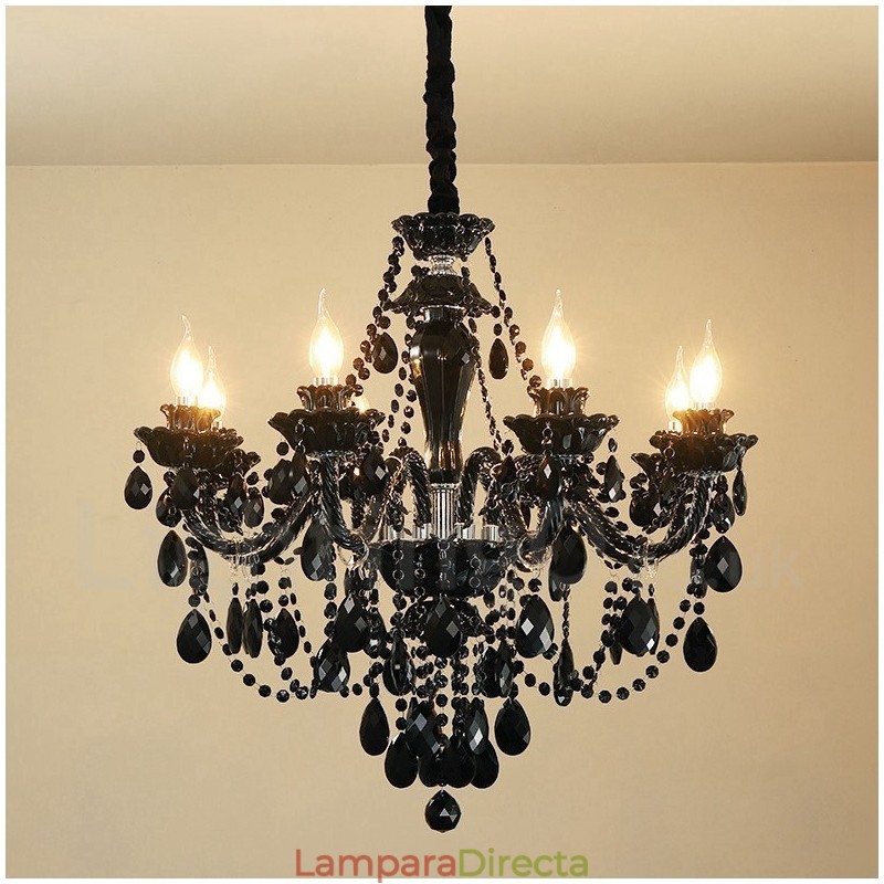 Lámpara de araña elegante de cristal negro de 8 luces
