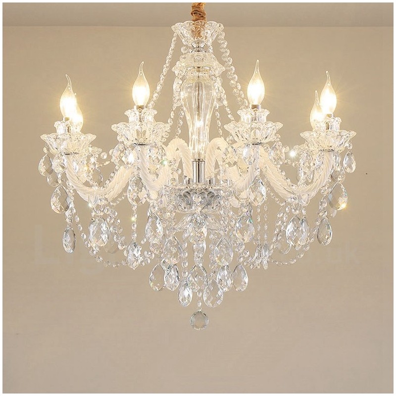 Lámpara de araña de cristal transparente con 8 luces y brazo blanco