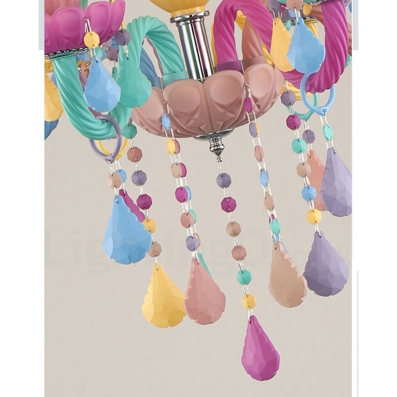 Lámpara de araña Macaron de 6 luces con vela de cristal multicolor, estilo mini para niños.