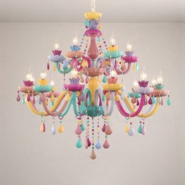 Lámpara de araña Macaron de 18 (12+6) luces con vela de cristal multicolor, estilo mini para niños.