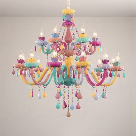 Lámpara de araña Macaron de 18 (12+6) luces con vela de cristal multicolor, estilo mini para niños. Lámpara de araña Macaron de 18 (12+6) luces con vela de cristal multicolor, estilo mini para niños.