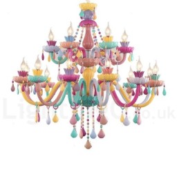 Lámpara de araña Macaron de 18 (12+6) luces con vela de cristal multicolor, estilo mini para niños.